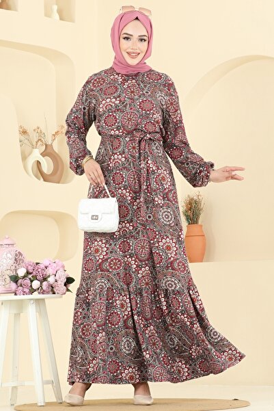 ModaMerve Etnik Desen Tesettür Elbise 4128PM271-MS Desen 1 Bordo