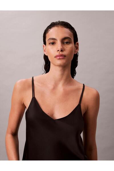 Calvin Klein Women's Elastic Waist and Lace Detail Top Thin Strap Comfortable Black Pajama Set Lv00Qs75