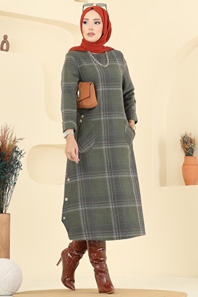 ModaMerve Aksesuar Düğmeli Ekose Tunik 6899S324-MS Haki