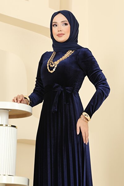 ModaMerve Pilise Detaylı Kadife Elbise 2047MEY846-MS Laci