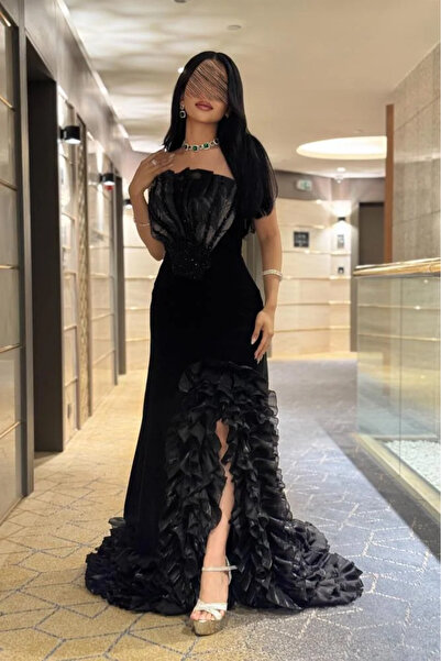 narvenia Black beaded dress with ruffled tail