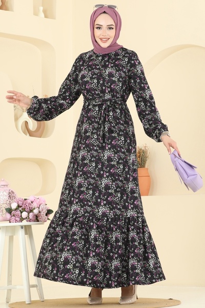 ModaMerve Etnik Desen Tesettür Elbise 4128PM271-MS Desen 2 Mor