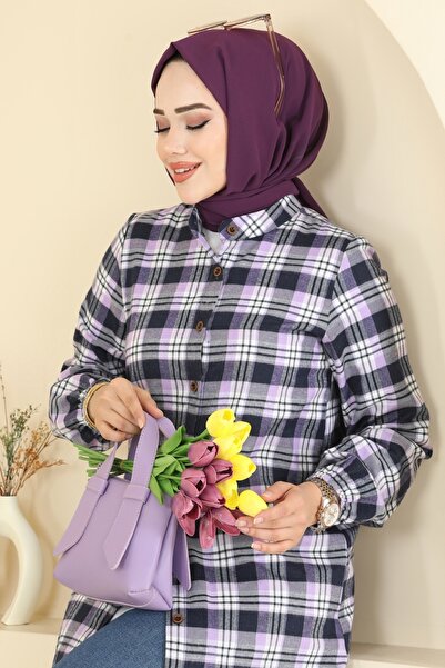 ModaMerve Manşeti Lastikli Ekose Tunik 4123PM271-MS Lila