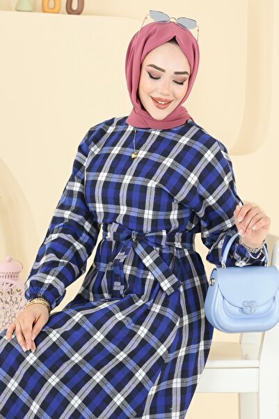 ModaMerve Beli Bağcıklı Ekose Elbise 4124PM271-MS Saks