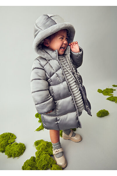 MAYORAL 1-4 Years Old Baby Girl Gray Hooded Long Coat – Water Repellent, Windproof, Fleece Lined