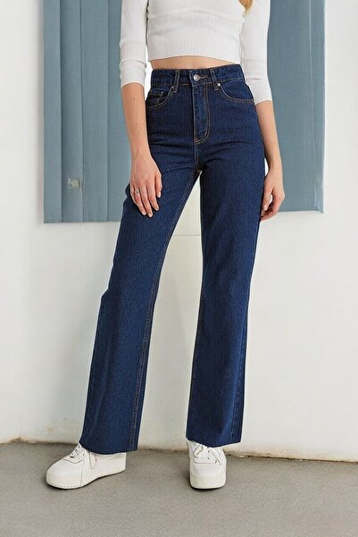 Livik Kiya Women's Dark Blue High Waist Elastane Blend Unlined 90's Loose Leg Jeans