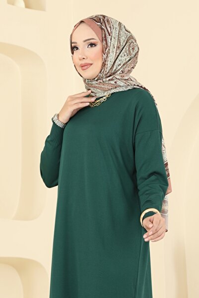 ModaMerve Yırtmaç Düğmeli Merserize Tunik 5006KLN570-MS Zümrüt