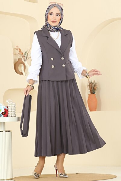 ModaMerve Eteği Piliseli Üçlü Takım 6450MP806-MS Antrasit
