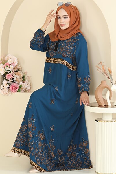 ModaMerve Yakası Bağcıklı Viskon Elbise 5013ERK1158-MS Petrol