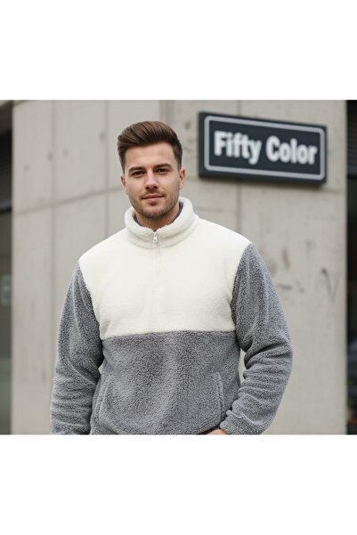 MEİLİFENG Erkek Polar Sweatshirt Yarım Fermuarlı Renk Bloklu Oversize Kalın Kışlık Sıcak Tutan Peluş Üst