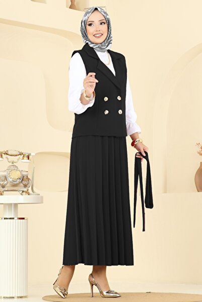 ModaMerve Eteği Piliseli Üçlü Takım 6450MP806-MS Siyah