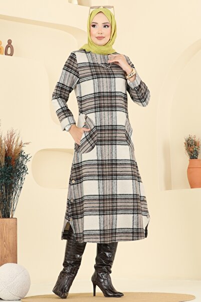 ModaMerve Aksesuar Düğmeli Ekose Tunik 6899S324-MS Kahve