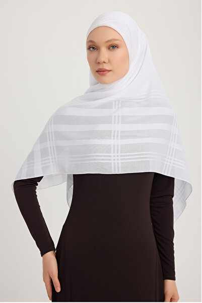 MıssColor A25256 Jacquard Plaid Chiffon Scarf 120X120Cm - White