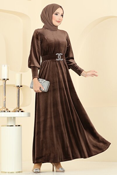 ModaMerve Kemeri Taşlı Kadife Elbise 2414MEY846-MS Kahve