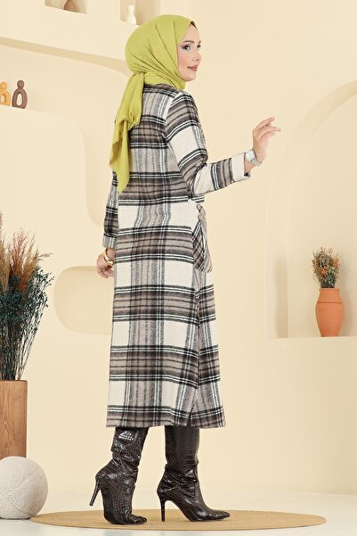 ModaMerve Aksesuar Düğmeli Ekose Tunik 6899S324-MS Kahve