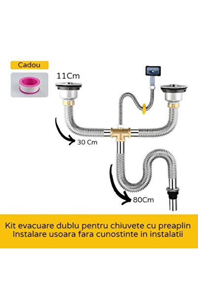 BiXXBi Kit sifon dublu din oțel inoxidabil cu preaplin, sită Ø11cm, flexibilă 80cm, DN32/DN40