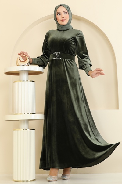 ModaMerve Kemeri Taşlı Kadife Elbise 2414MEY846-MS Haki