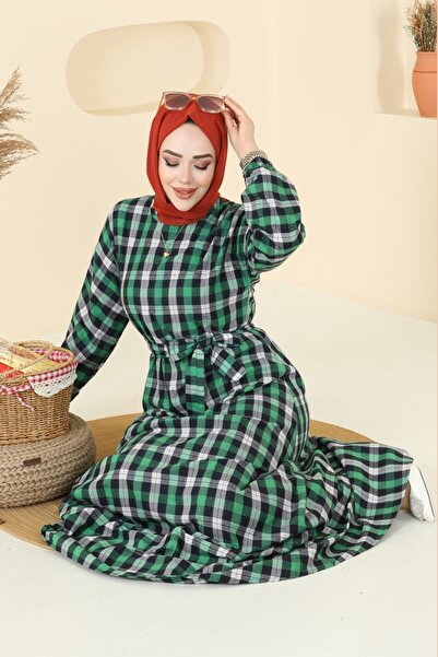 ModaMerve Beli Bağcıklı Ekose Elbise 4124PM271-MS Yeşili