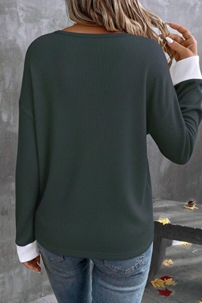 Mossta V-Neck Waffle Fabric Stylish Blouse - Green