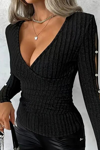 Mossta Double Breasted Collar Embroidered Camisole Blouse - Black