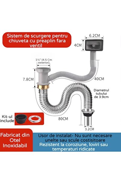 BiXXBi Sifon chiuvetă, oțel inoxidabil, preaplin, capac decorativ, flexibil, ...