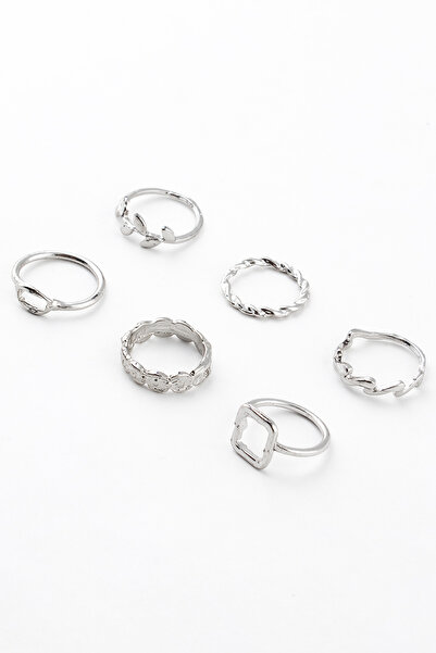 Sortie Aksesuar مجموعة من 6 خواتم بأشكال مستطيلة وأوراق الشجر واللولب