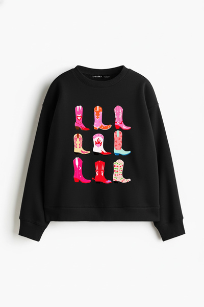 Sokak Butik Γυναικείο μαύρο φούτερ με στάμπα καουμπόη, χωρίς κουκούλα, χαλαρή...