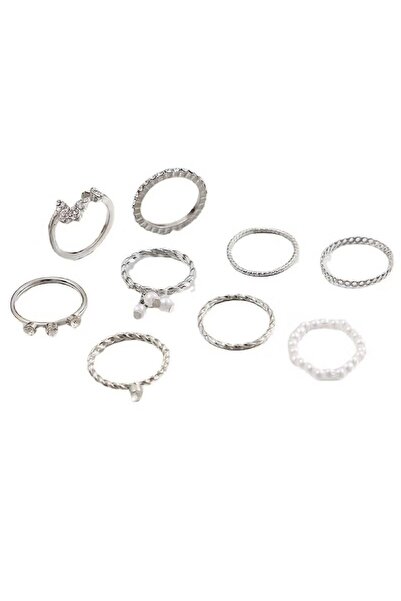 huitich 9 Pcs Elegant Silver Ring Set – Alloy, Crystal & Pearl Stackable Fashion Rings