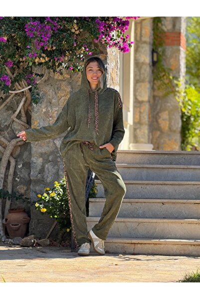 Punta Otantik Nc24145 Italian Hooded Velvet Suit with Leopard Detail Khaki