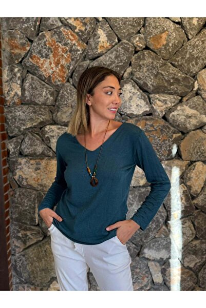 Punta Otantik NC2025KB Ιταλική μπλούζα με λαιμόκοψη σε σχήμα V με κολιέ Petrol