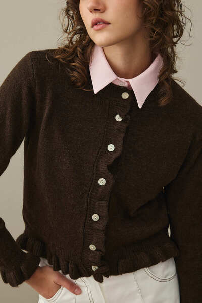 Fahhar Thin Ruffled Mohair Cardigan Brown