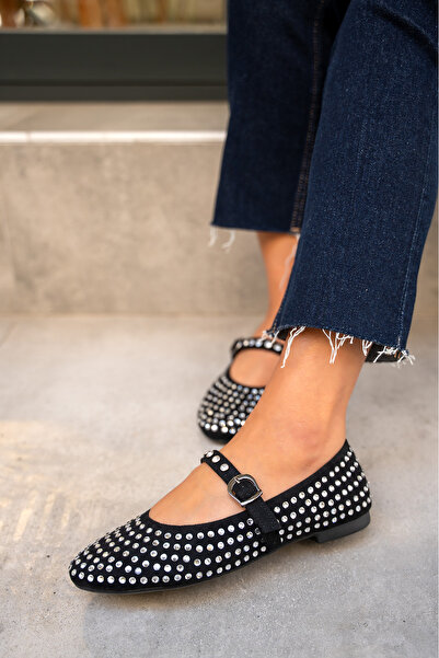 LAMİNTA Mac Black Suede Stone Flat Women's Ballerinas