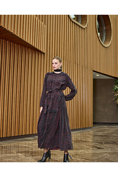 MissWhence Patterned Cupro Dress 38829 Burgundy