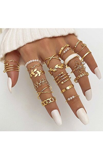 Generic مجموعة من 22 خاتمًا ذهبيًا قابلًا للتكديس للنساء، خواتم مفصلية سميكة بأحجام متعددة