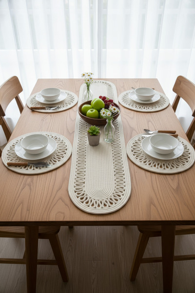 NEŞELİ HOME Jutty Hasır Görünümlü 5 Parça Jüt Masa Takımı Örgü Krem – 4’lü Am...