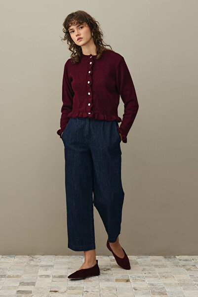 Fahhar Thin Ruffled Mohair Cardigan Burgundy