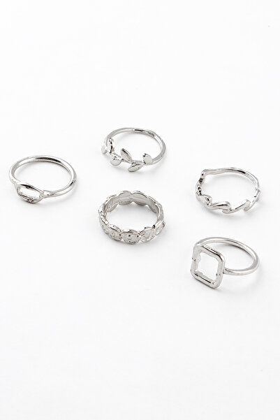 Sortie Aksesuar مجموعة خواتم مكونة من 5 قطع بأشكال مستطيلة وأوراق الشجر