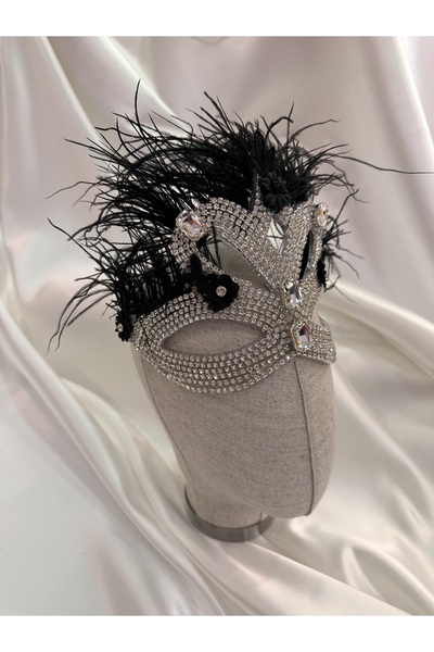 Tasarım Taşlı Tüylü Maske Parti Maskesi-Balo Aksesuar-Kına Maske-After Party ...