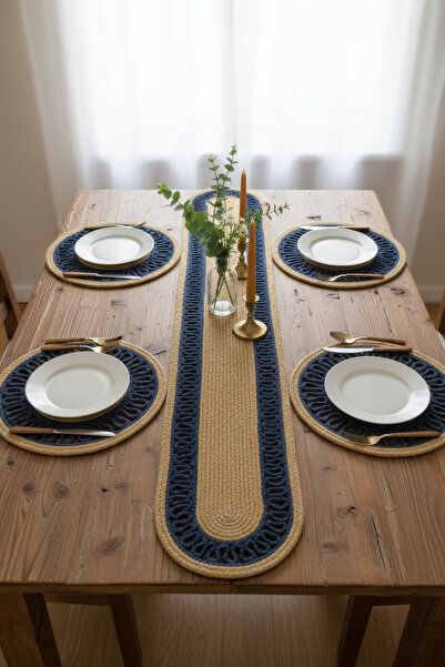 NEŞELİ HOME Jutty Hasır Görünümlü 5 Parça Jüt Masa Takımı Örgü Lacivert Natur...