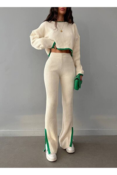 candybia Πράσινο Intersiye ριγέ Y άνοιγμα Πλεκτό Crop-Pants Γυναικείο Πλεκτό ...