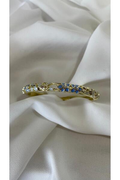 Exporanto Çelik Kelepçe Bileklik Kabartmalı Üzerine Mavi Mineli Altın Renkli