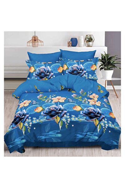 EMATTERIO 6-Piece Bed Linen, 2 Persons, with Sheet, Pillowcases and Duvet, Microfiber, Blue Flowers