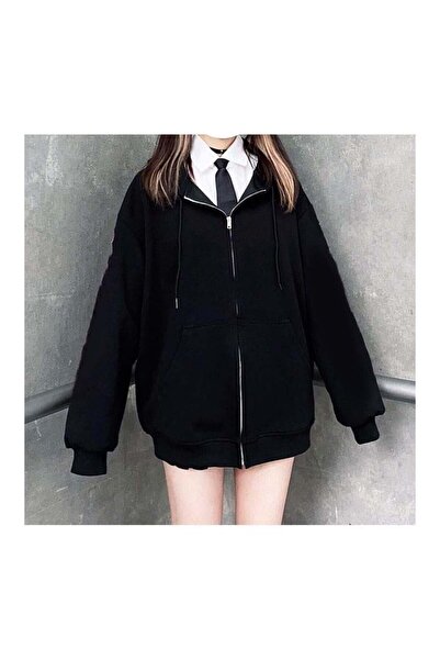 Karakedi Plain Black Thick Hooded Y2K Oversize Unisex Cardigan