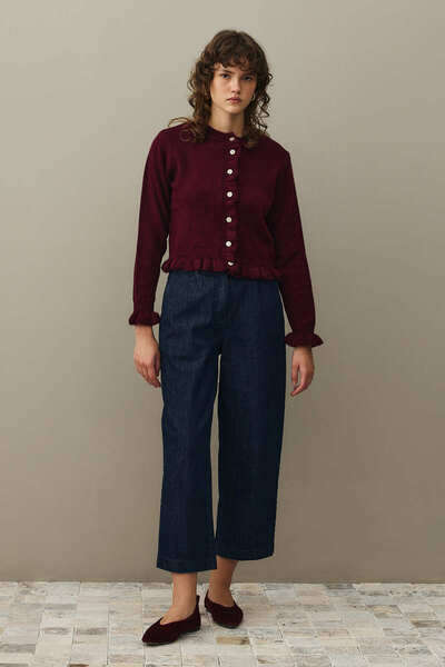 Fahhar Thin Ruffled Mohair Cardigan Burgundy