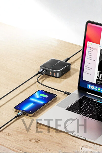 Vetech 65W GAN 4in1 Masaüstü Şarj İstasyonu Iphone, Samsun, Macbook, Tablet Uyumlu Şarj Aleti İstasyon