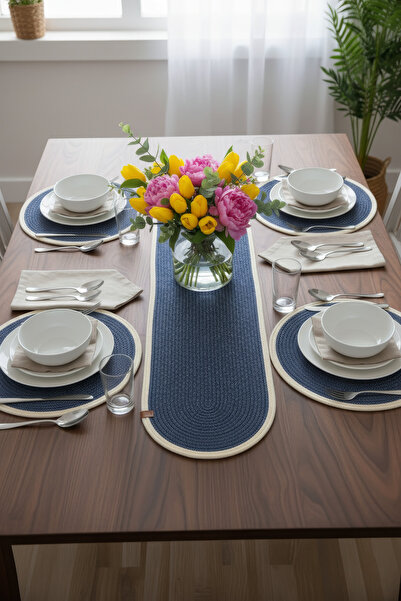 NEŞELİ HOME Jutty Hasır Görünümlü 5 Parça Jüt Masa Takımı Düz Krem Lacivert 4...