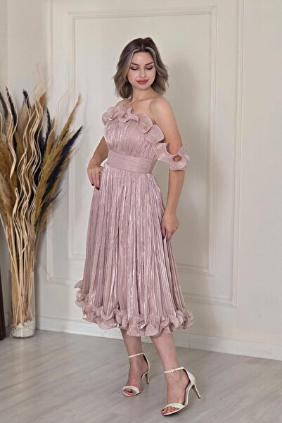Yonca Moda Evi Pudra Büzgülü Kemerli Midi Boy Abiye 6062
