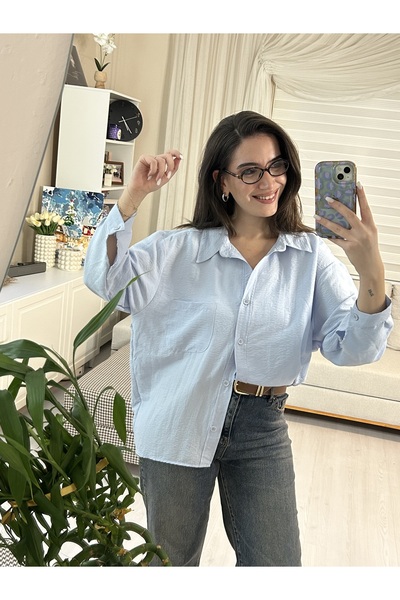 SelenFashion Kadın Basic Mavi Gömlek
