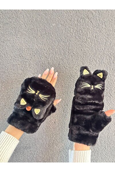 Gönülden Tasarım Plush Embroidered Cat Gloves with Open Fingers and Fur Inside