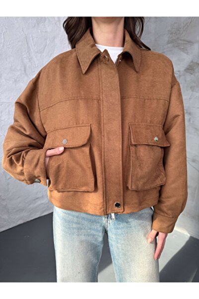 Elif Özbey Butik Tan Suede Jacket with Pocket Detail